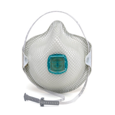 white disposable respirator face mask that includes vent and adjustable strap